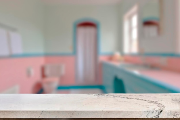 Empty marble top table with blurred bathroom interior Background. for product display.