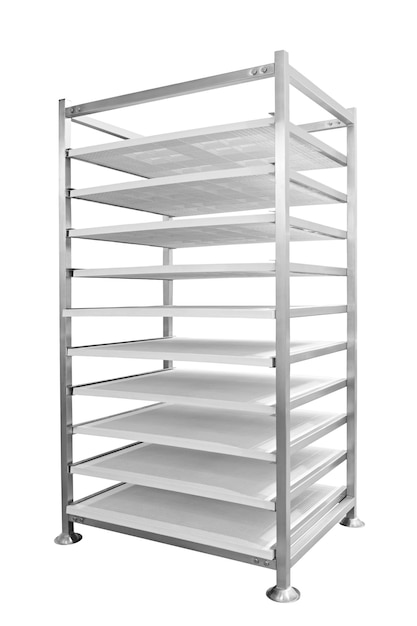 Empty market or warehouse metal rack and shelf in 3D perspective isolated on white background