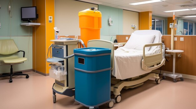 Photo empty medical cart on wheels standing against white wall with blue stripe inside hospital chamber or