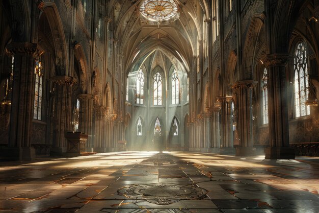 Empty Medieval Hall with Sunlight Filtering Through Stained Glass