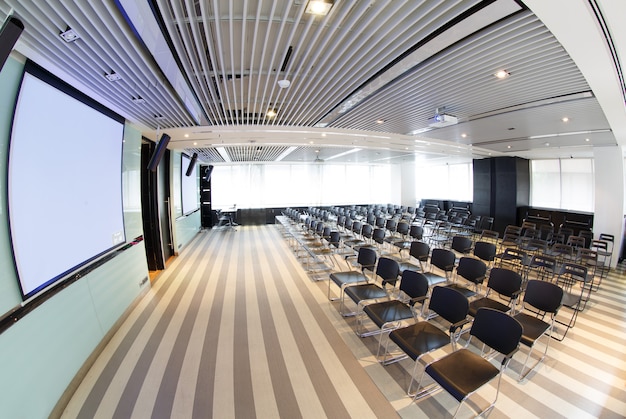 Empty meeting room taken with fisheye lens