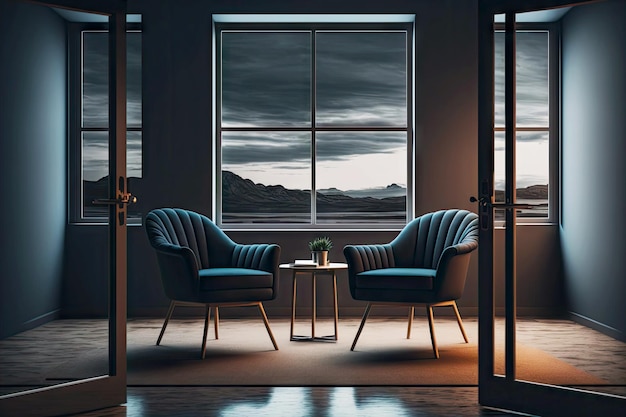 Empty meeting room with comfortable armchairs and window to floor in dark interior of business offic