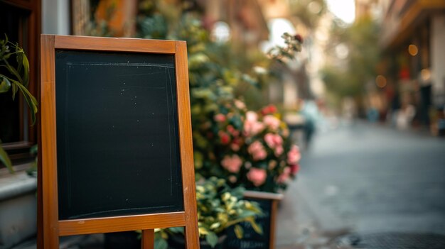 コブレストーン・ストリートの空のメニューボードに 茂った植物が描かれています