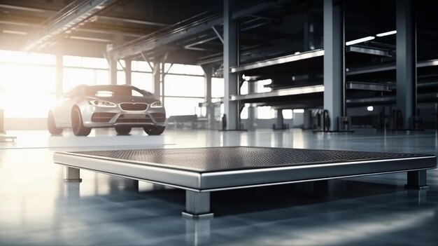 Empty metal platform for displaying products blurred car workshop in background Generative AI