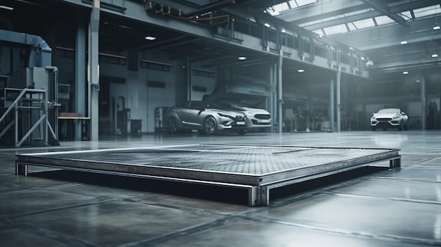 Empty metal platform for displaying products blurred car workshop in background Generative AI