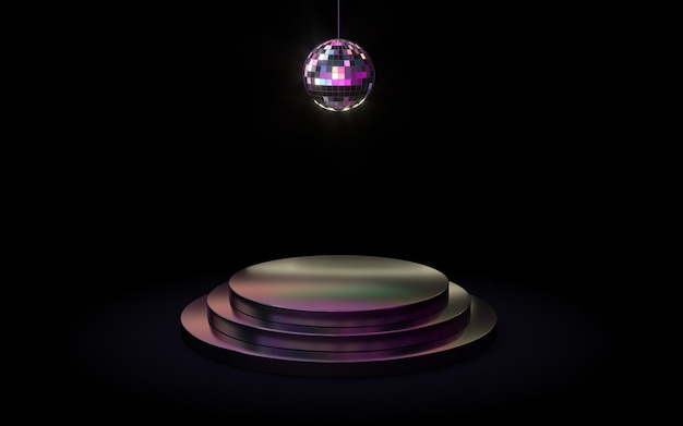 Empty metal product platform with a disco ball on the top 3d rendering Computer digital drawing