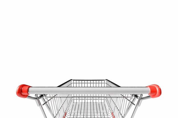 買い物客の視点から見る空の金属のショッピングカート