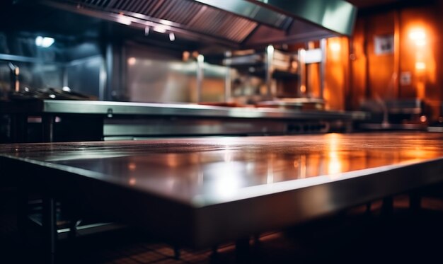 Photo empty metal table blurred professional restaurant kitchen background copy space ai generated