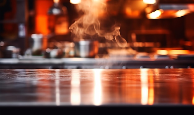 Photo empty metal table blurred professional restaurant kitchen background copy space ai generated