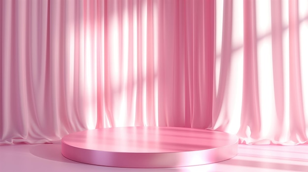 Photo empty minimal pink podium with curtains for product display