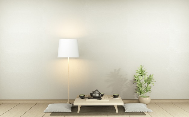 Empty Minimalist modern zen living room with wood floor and decor japanese style.3d rendering