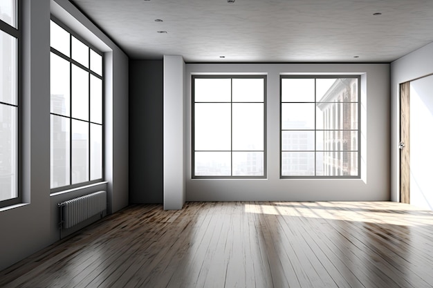 An empty minimalist room with natural light and wooden floors Generative AI