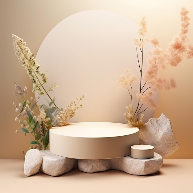 Empty minimalistic stone podium with flowers and leaves Stage for displaying objects goods pink beige pastel