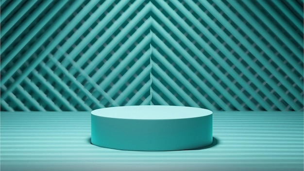 Empty minimalistic turquoise podium in studio lighting Single cylinder diagonal lattic 3d rendering