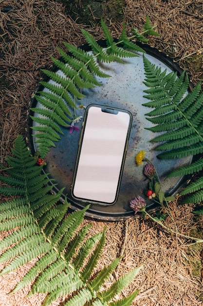 empty mobile phone mockup on the background of nature in the forest