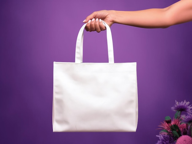 Empty mock up cloth bag hand holding cloth bag violet background Generative AI