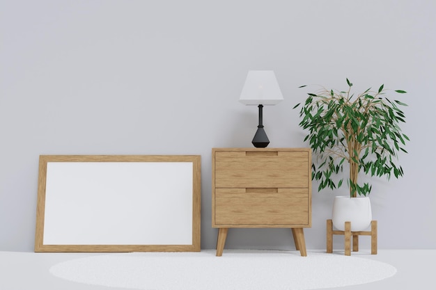 Cornice del poster vuota con pianta decorativa e piccolo armadietto nel soggiorno rendering 3d