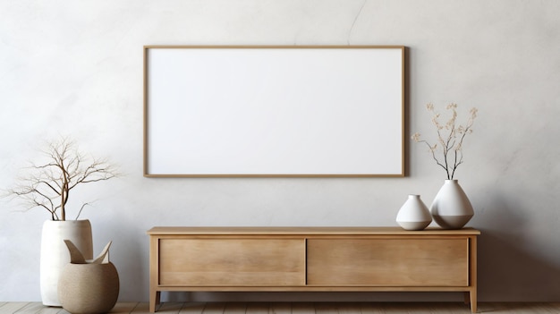 Empty mockup poster frame on a gray stucco wall above