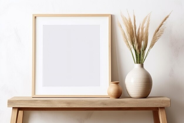 Empty mockup poster frame on white stucco wall above wooden cabinet AI Generative