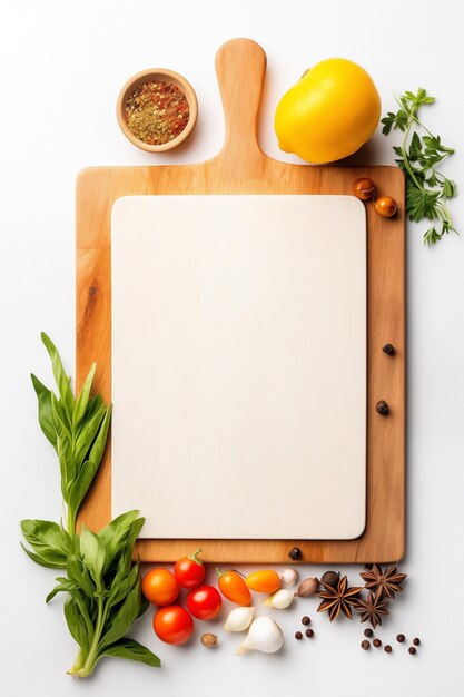 Foto modello vuoto di tavola da taglio in legno rustico con una cornice di design bordata circondata da ingredienti freschi