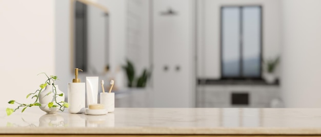 Empty mockup space on luxury marble white tabletop with bath accessories