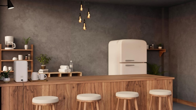 Empty mockup space on wooden counter bar in modern loft kitchen or snack bar interior design