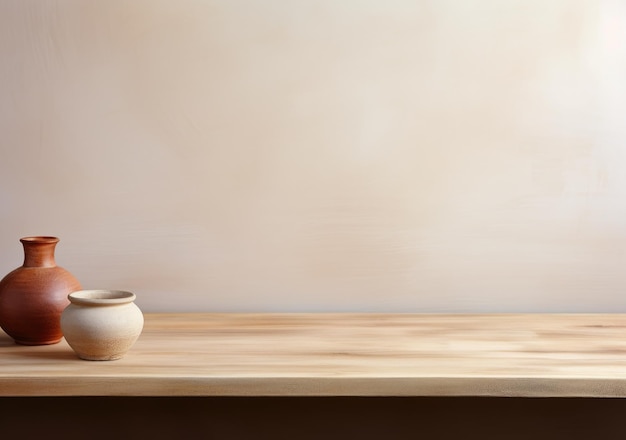 empty mockup space on a wooden tabletop against a plants on pot minimal wooden living room as a background AI Generative