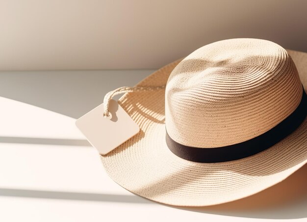 Empty mockup of tag label on panama summer hat for branding fashion shop lifestyle concept generative ai