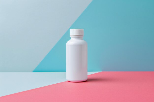 Empty mockup of a white plastic bottle on a colorful surface and wth colorful background