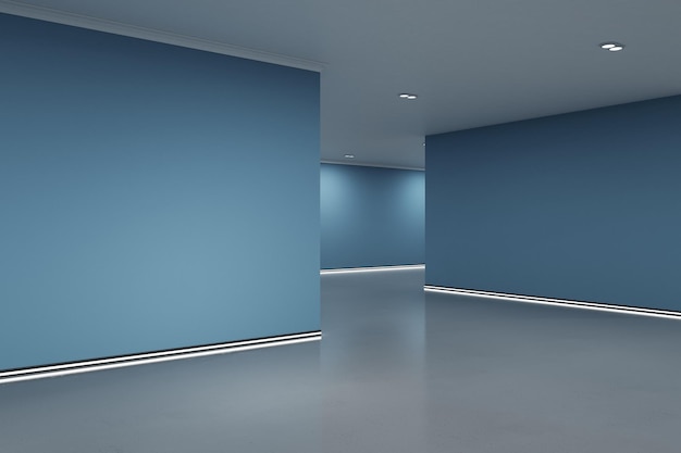 Empty modern blue gallery interior with mock up place on wall and reflections on floor Art no people museum and exhibition concept 3D Rendering