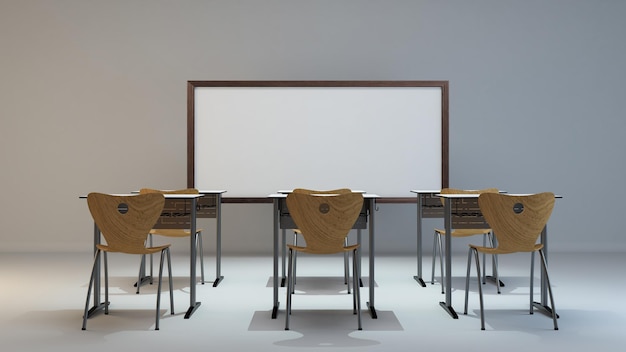 Empty modern classroom concept with wooden desk chair and white board background 3D rendering