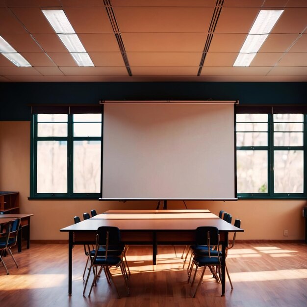 Photo empty modern classroom with blank whiteboard bright sunny cheerful education environment