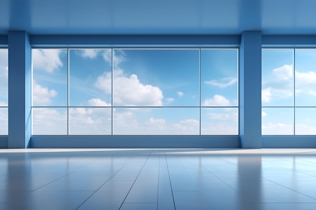 바닥과 천장 창문과 하늘과 구름 풍경의 배경으로 빈 현대적인 깨한 방 공간