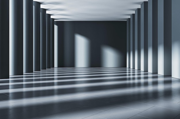 An empty modern gallery corridor with a series of columns shadow play on floor light background and a futuristic design 3D Rendering