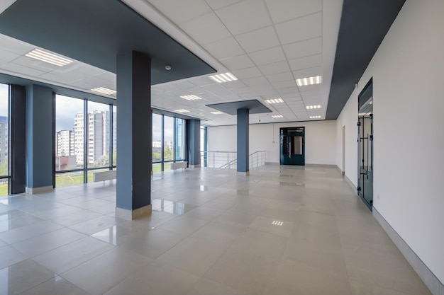 Empty modern hall room with columns doors and panoramic windows