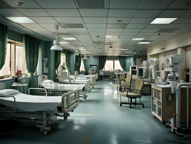 사진 빈 현대 병원 복도 진료소 복도 내부 배경에는 환자 침대용 의자가 마련되어 있습니다.