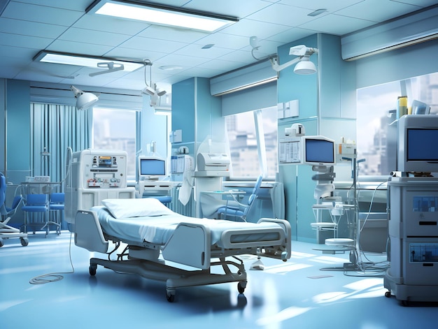 Empty modern hospital corridor clinic hallway interior background with chairs for patient's bed