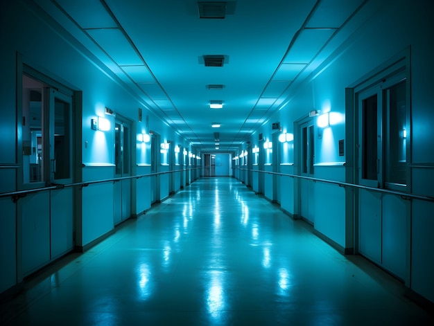 Пустой современный больничный коридор, интерьер коридора клиники со стульями для кровати пациента