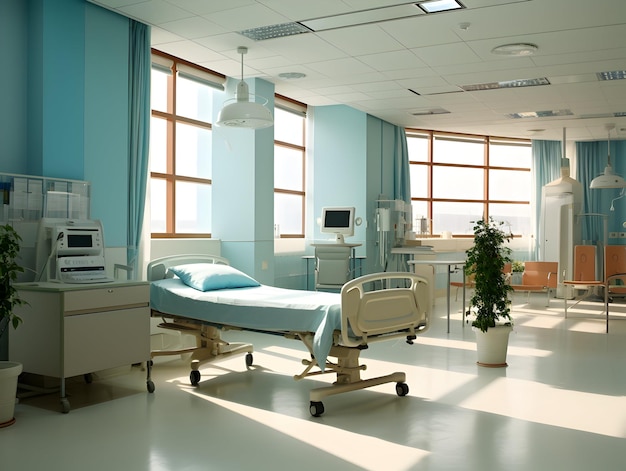 Empty modern hospital corridor clinic hallway interior background with chairs for patient's bed