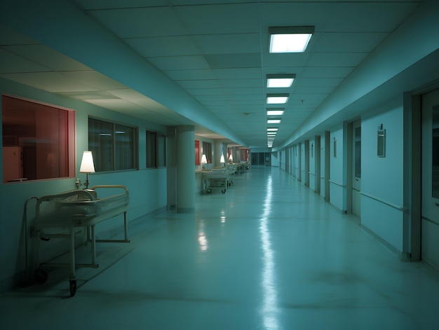 Empty modern hospital corridor clinic hallway interior background with chairs for patient's bed
