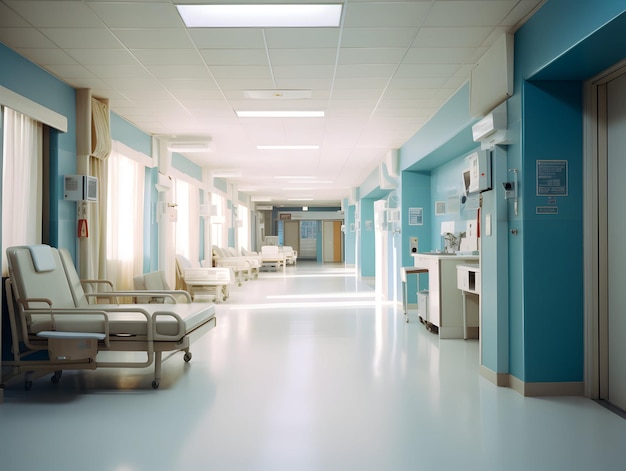 Empty modern hospital corridor clinic hallway interior background with chairs for patient's bed