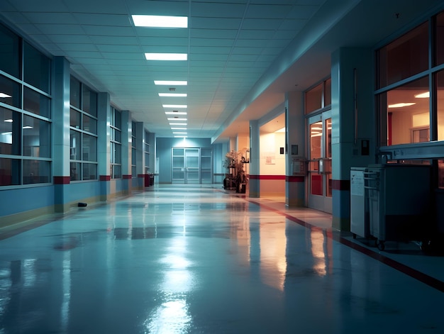 Empty modern hospital corridor clinic hallway interior background with chairs for patient's bed