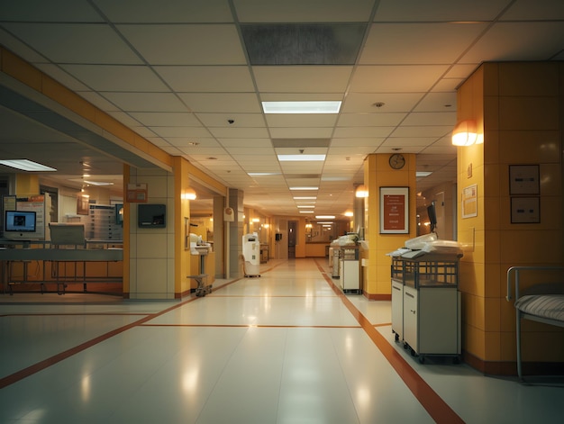 Empty modern hospital corridor clinic hallway interior background with chairs for patient's bed