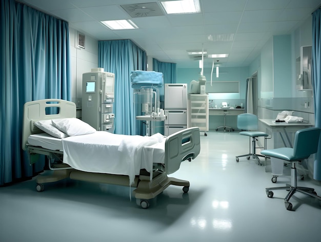 빈 현대 병원 복도 진료소 복도 내부 배경에는 환자 침대용 의자가 마련되어 있습니다.