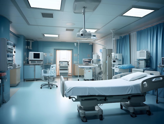 Empty modern hospital corridor clinic hallway interior background with chairs for patient's bed