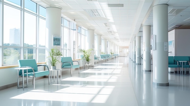 Пустой современный коридор больницы с комнатами и сиденьями комната ожидания в медицинском кабинете интерьер медицинской службы