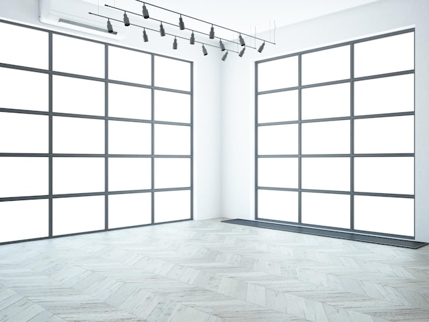 Empty modern loft apartment room with big windows and wooden floor