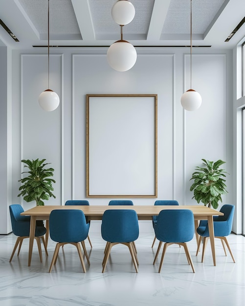 Пустая современная комната для встреч с длинным столом, голубыми стульями и белым макетным прямоугольником на стене