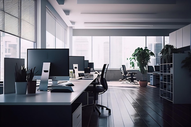 Empty modern office background in city center Workspace interior design Clean and bright office gallery background Generative AI