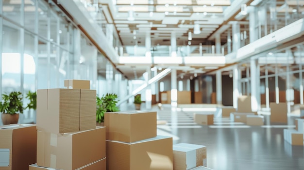 Photo empty modern office with scattered cardboard boxes during a move or renovation